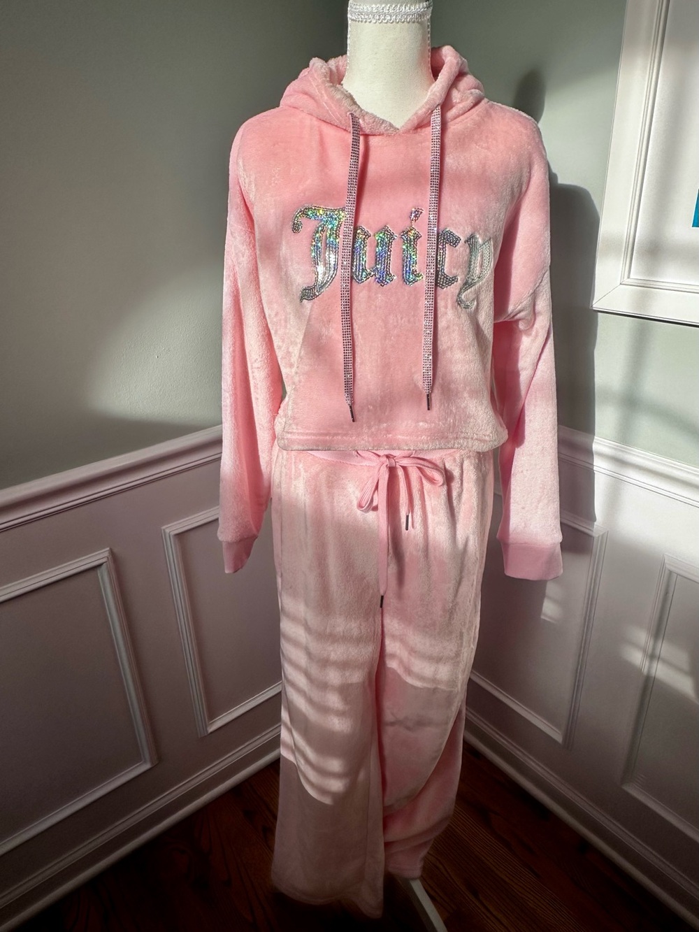 Juicy Couture Pink Plush Velour Sparkle Logo Rhinestone Lounge Set Tracksuit S
